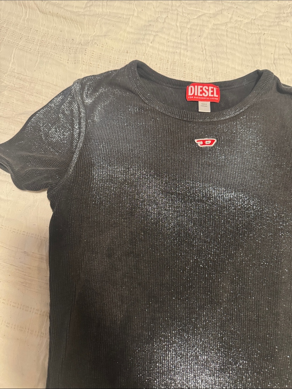 Diesel Black Glitter Short Sleeve Crop Top with Red Logo - Picture 5 of 6